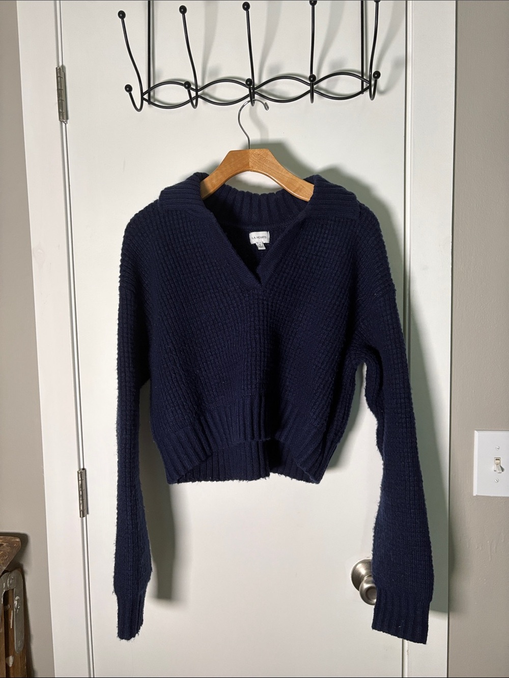 La Hearts Navy V-Neck Knit Sweater with Collar
